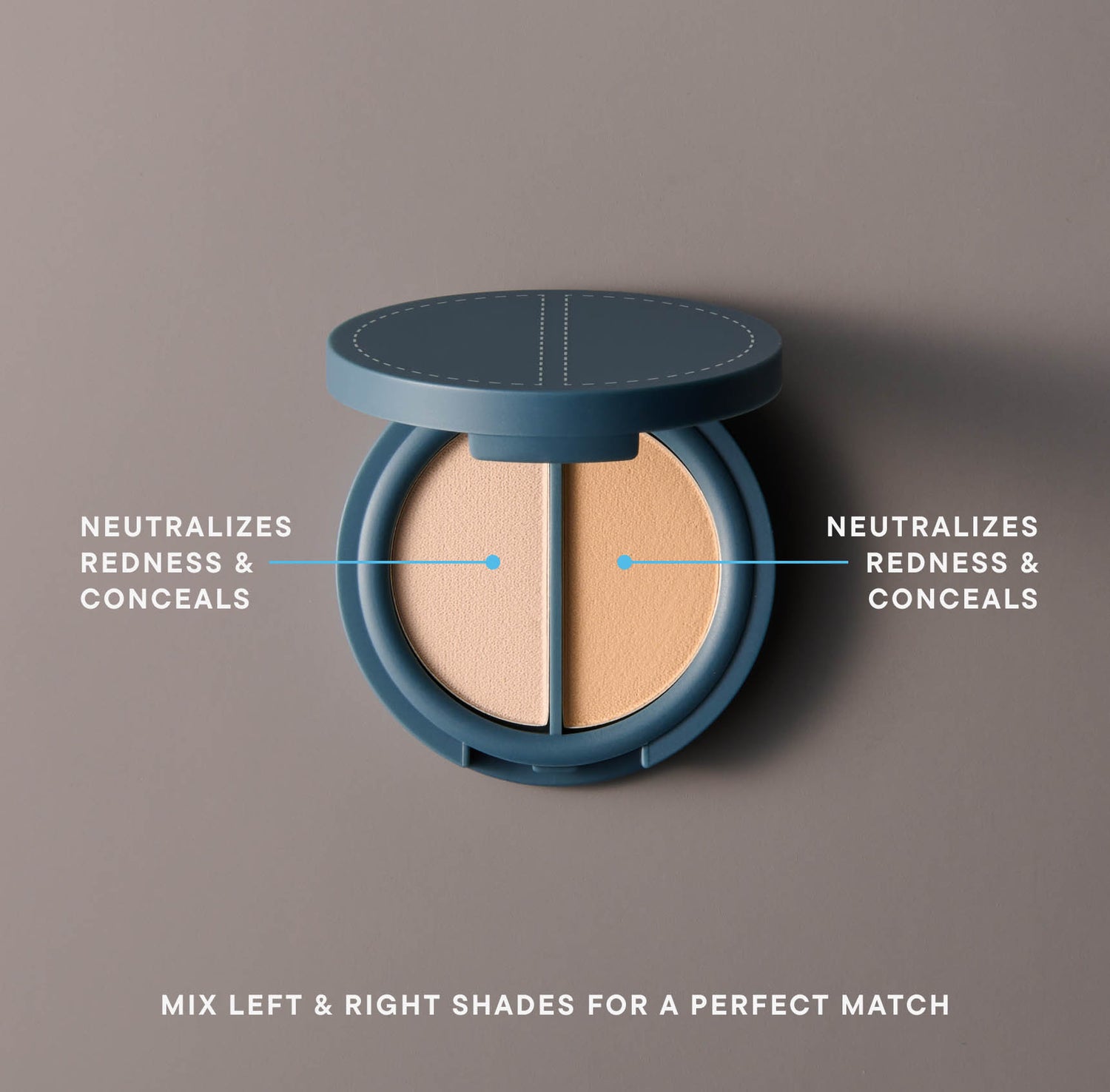 A circular, teal-colored compact of two shades of peach-colored pressed cosmetic powder on a gray background. Both shades of powder are labeled with the text "neutralizes redness & conceals" and the bottom of the images has white text that reads "mix left & right sahdes for a perfect match"