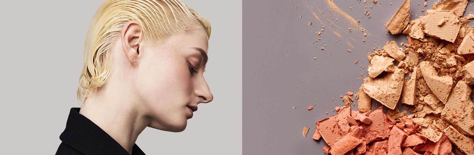 On the left side of the images, a woman on a light gray background looks down. Dashed lines point to areas of her face, which are labeled: "dark spots, bruises, dark circles, rosacea, redness, and acne"